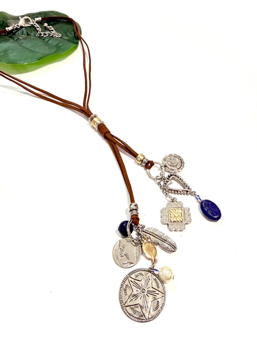 Chico’s Americana Collection Southwest Charm Leather Corded Lariat Necklace NEW